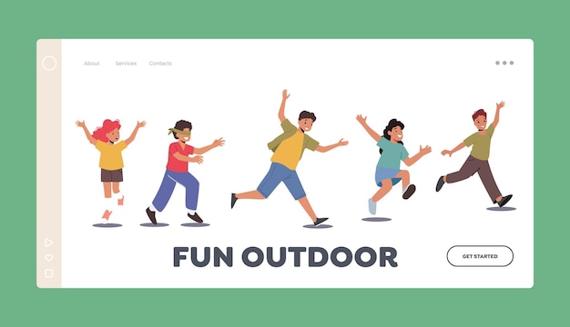 Preteen Boys and Girls Outdoor Fun on Playground Landing Page Template Happy Children Playing Hide and Seek Rejoice