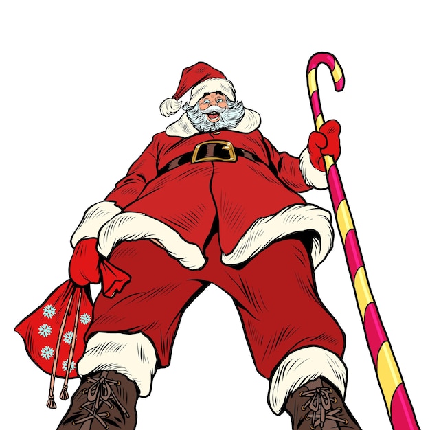 Pretentious santa claus bottom up view christmas and new year winter seasonal holiday in december