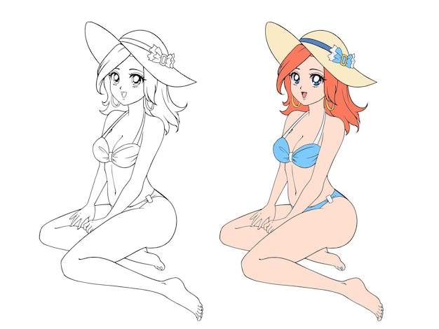 Pretty anime girl wearing swimsuit and summer hat. Sitting pose.