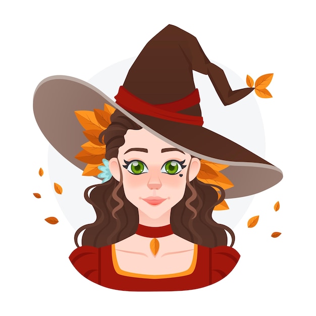 Pretty autumn witch avatar for game or advertising Halloween magician girl with big hat and yellow leaves Ancient dress