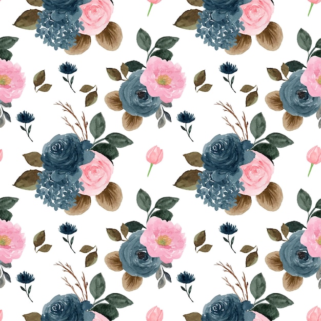 Pretty Blue And Pink Watercolor Seamless Floral Pattern