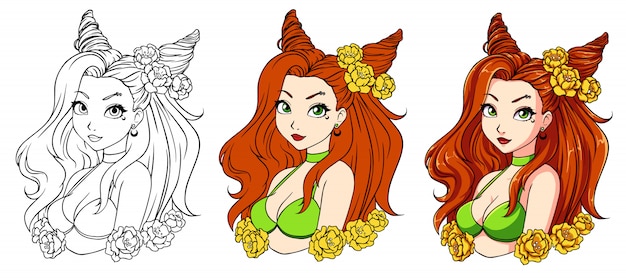 Pretty cartoon girl with wavy red hair, wearing green swimsuit and wreath.