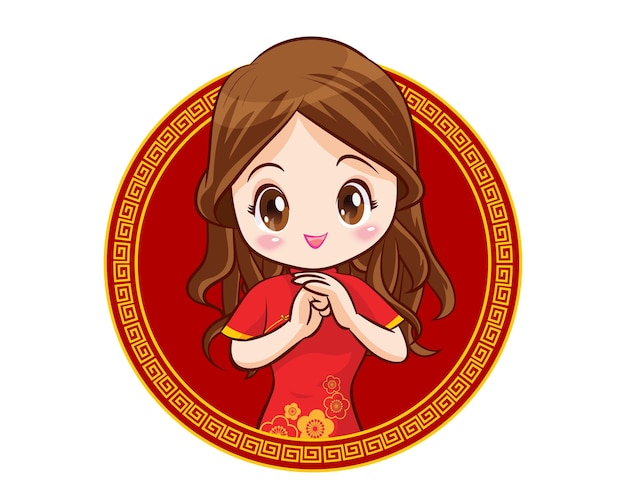 Pretty Chinese girl in mandarin gown with Chinese new year festival with space frame