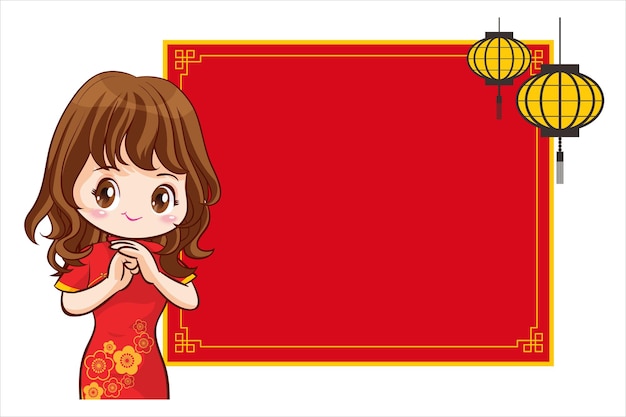 Pretty Chinese girl in mandarin gown with Chinese new year festival