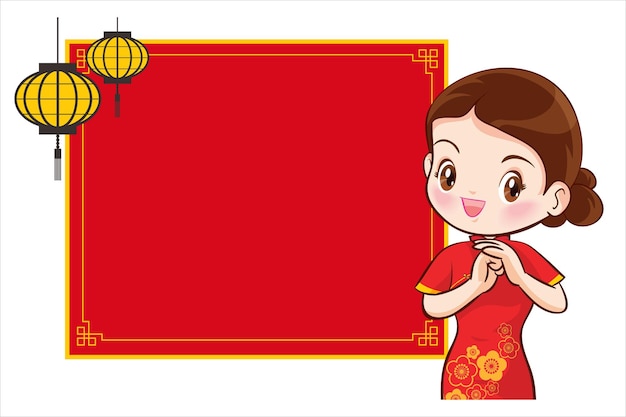 Pretty Chinese girl in mandarin gown with Chinese new year festival