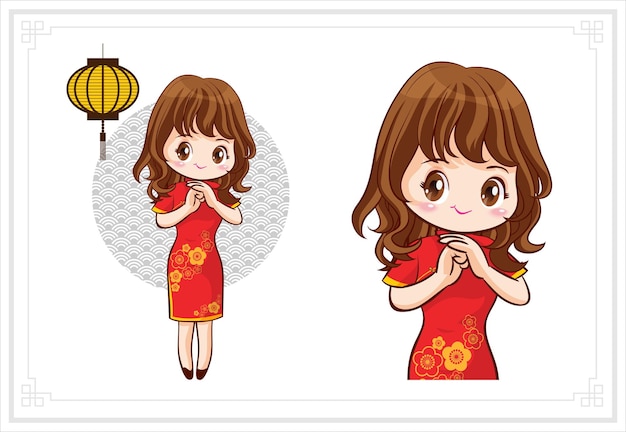 Pretty Chinese girl in mandarin gown with Chinese new year festival