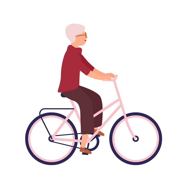 Pretty elderly woman dressed in casual clothes riding bike. Cute smiling old lady on bicycle with her pet animal