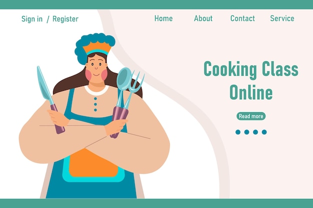 Vector pretty fat woman cooking with knife, spoon and fork and writing cooking lesson online. banner