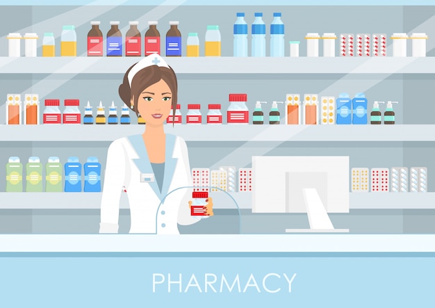  pretty female pharmacist in interior pharmacy or drugstore with pills and drugs, bottles with vitamins and tablets in flat style. Healthy lifestyle, medicine concept.