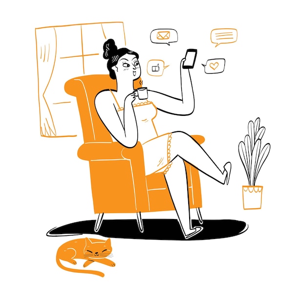 The pretty girl in casual clothes on the sofa use the phone to communicate or social media, access, work from home communication concept, Hand drawing vector illustration doodle style.