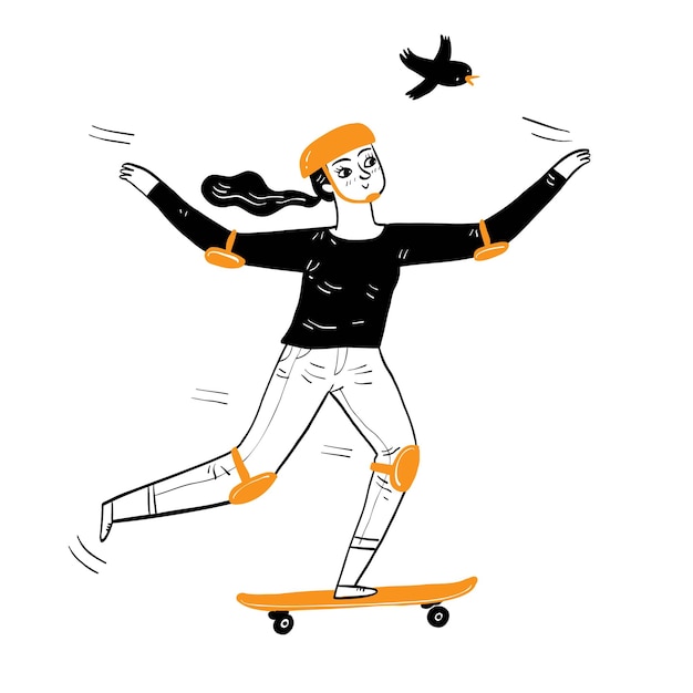 Pretty girl relaxing skateboarding Hand drawing vector illustration line art