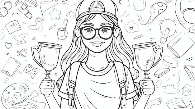 Vector pretty girl student coloring page holding textbook illustration