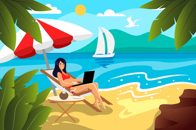 Pretty girl in swimsuits sunbathing on beach with laptop vector flat illustration Woman sitting in a deck chair and holding a laptop on his lap on ocean works remotely Freelance Worked Distance