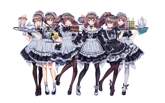 Pretty girls in maid cafe costumes color vector characters