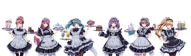 Pretty girls in maid cafe costumes color vector characters