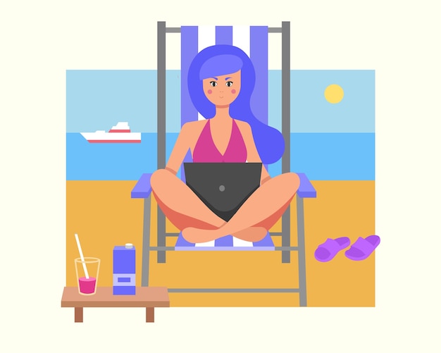 Pretty lady sitting at beach resting and working on laptop