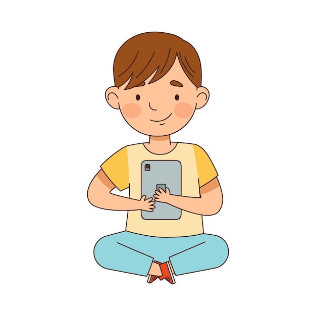 Vector pretty little boy using tablet pc as electronic gadget vector illustration