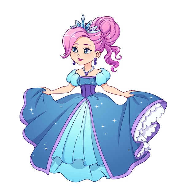 Pretty little cartoon princess with pink hair and wearing blue ball dress