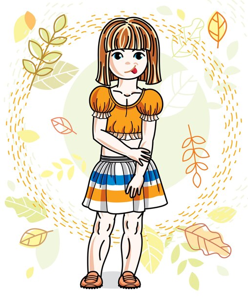 Vector pretty little redhead girl standing on background of autumn landscape and wearing different casual clothes. vector pretty nice human illustration. fashion theme clipart.