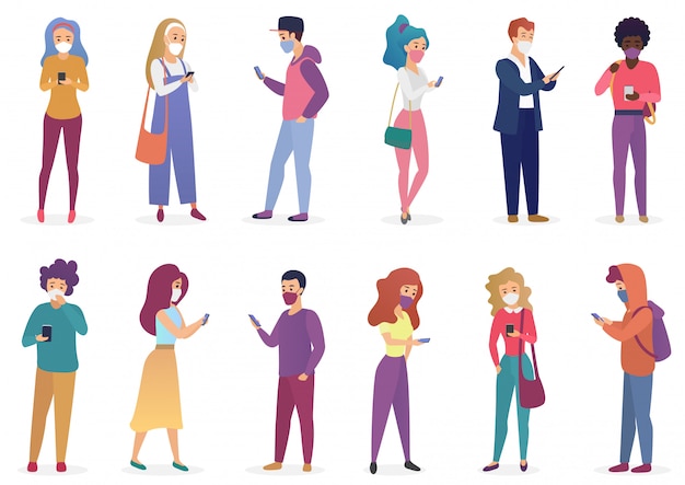 Pretty people in masks with smartphones character cartoon flat  illustration quarantine set