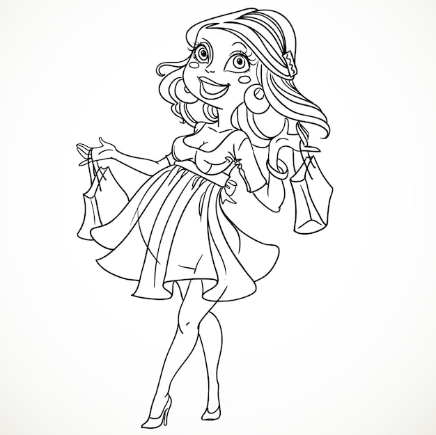 Pretty pregnant shopping woman in black outline for coloring