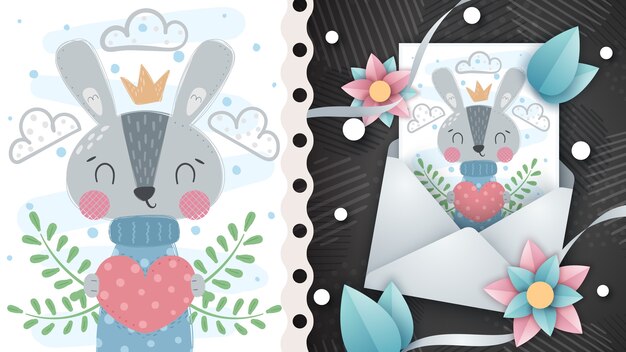 Pretty rabbit with heart - idea for greeting card. Hand draw