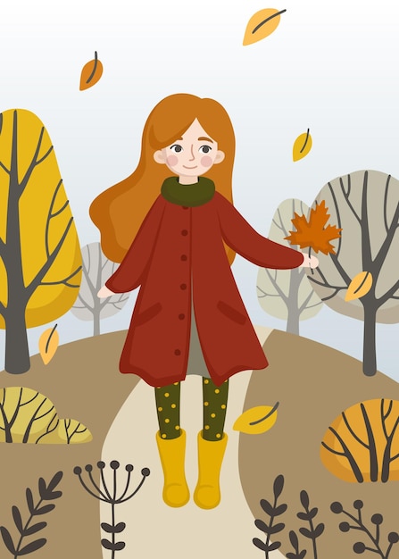 Pretty redhead young girl walking in autumn park and holding a leaf