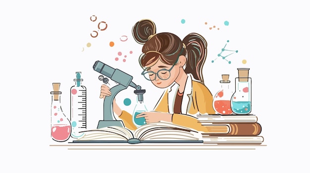 Vector pretty student studying science in mixed media flat style