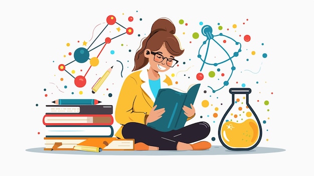 Vector pretty student studying science in mixed media flat style