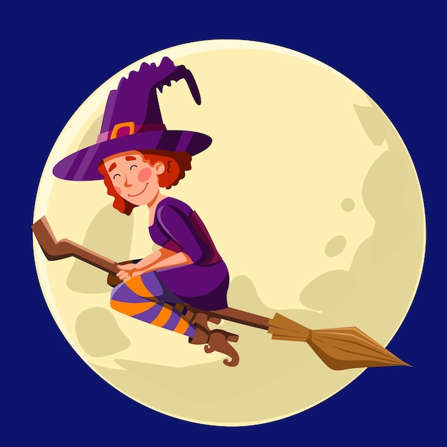 A pretty witch with red curly hair flying at night on a broomstick