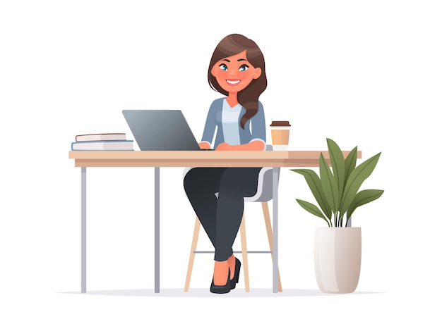 Pretty woman is sitting at  desktop. Office employee at the workplace. Work at the laptop. Vector illustration in cartoon style