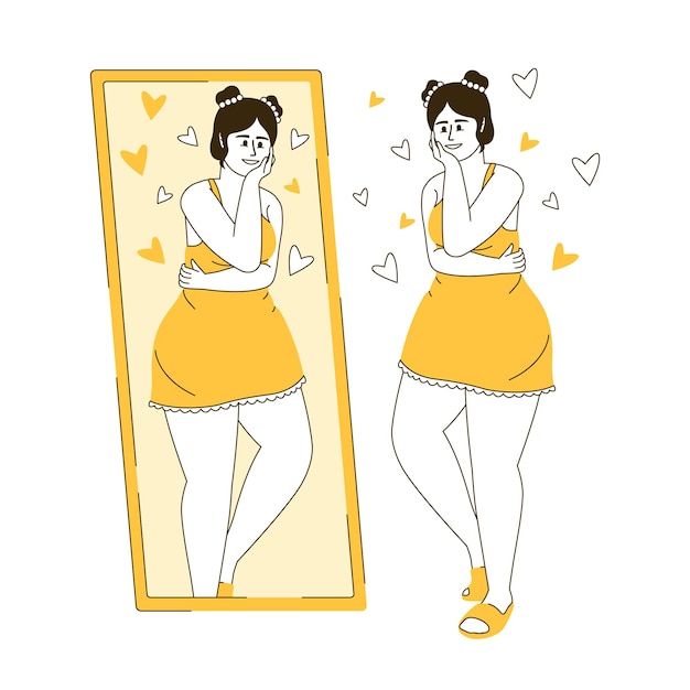 Pretty woman looking in mirror flat color linear vector character