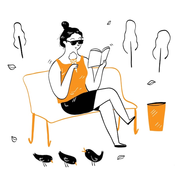 Pretty woman reading a book and eating ice cream relaxing in the park in summer Hand drawing vector illustration line art