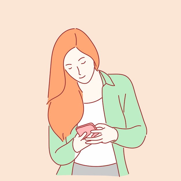 Pretty woman using smartphone in hand drawn