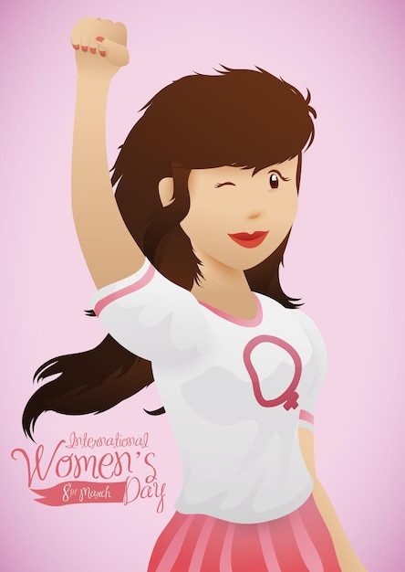 Pretty young girl with withe shirt with womans symbol stamp and her hand in high for Womens Day