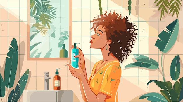 Vector pretty young woman applying hair spray on her curly hair