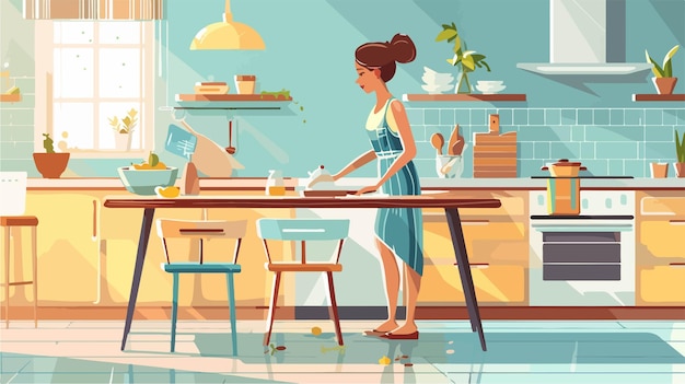 Pretty Young Woman Cleaning Wooden Table in Kitchen