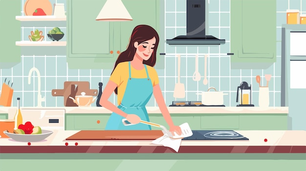 Pretty Young Woman Cleaning Wooden Table in Kitchen