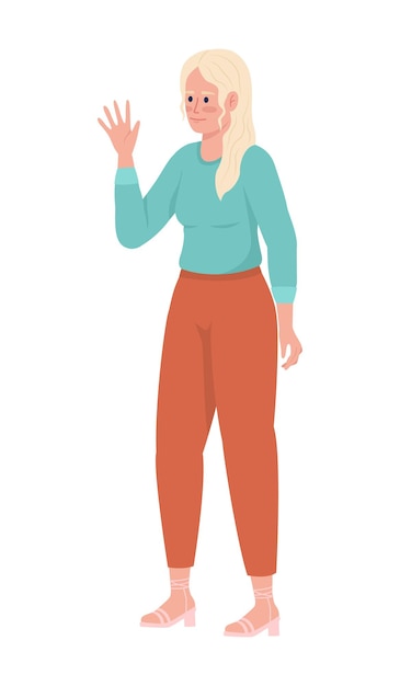 Pretty young woman waving hand semi flat color vector character