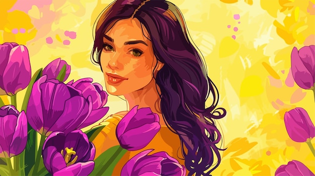 Pretty Young Woman with Bouquet of Beautiful Purple Tulips