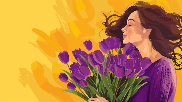 Pretty Young Woman with Bouquet of Beautiful Purple Tulips