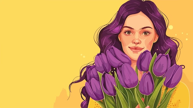 Vector pretty young woman with bouquet of beautiful purple tulips