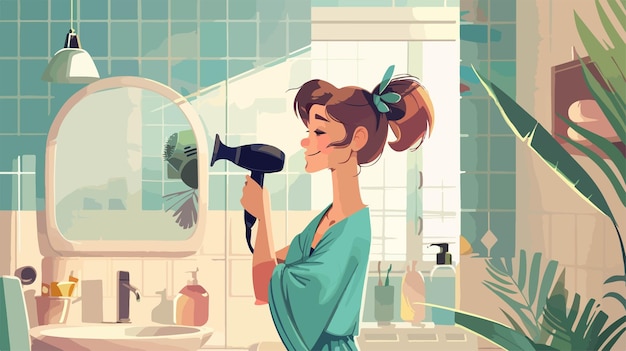 Pretty Young Woman with Hair Dryer in Her Bathroom