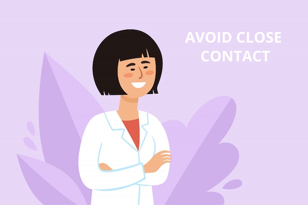 Prevention poster with chinese woman doctor fighting the coronavirus with advice.  illustration of smiling medical worker on background of plants, protection flyer - avoid close contact