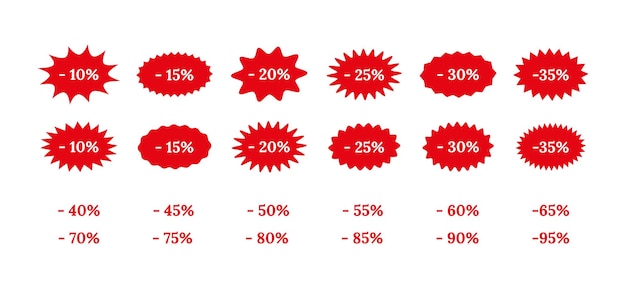 Price discount stickers Red tag product labels Star burst boxes Discount promo stamps Splash badges