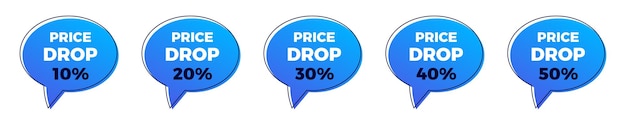 Vector price drop sale blue balloon sticker set 10 20 30 40 50 percent