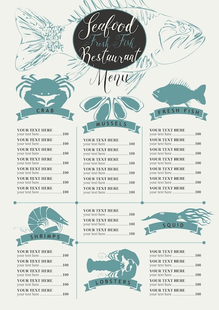 Vector price list menu for seafood restaurant