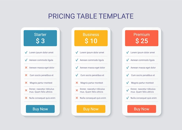 Price table comparison template with 3 columns. Vector illustration.