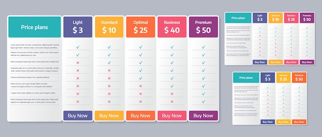 Price table template. Comparison plan chart. Set pricing data grid with 3, 4 and 5 columns.