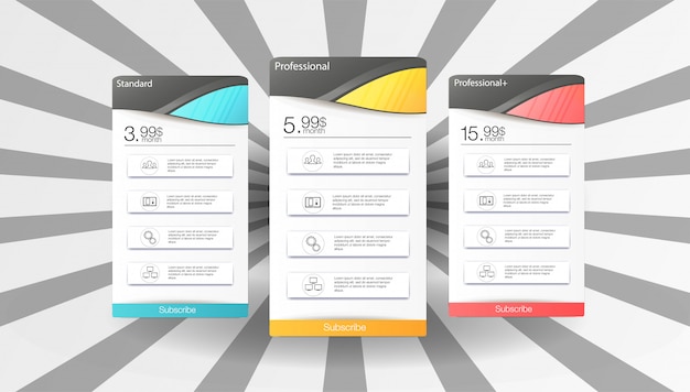 Price table template set with 3 options